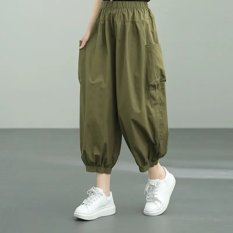 Women Y2K Casual Streetwear Cotton Baggy Harem Pants Summer Vintage Breathable Elastic Waist Loose Cropped Trousers Pantalones