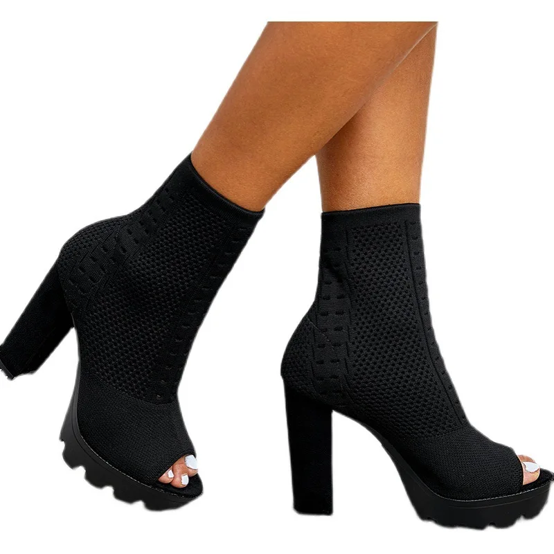 Hot Mid-Calf Stretch Boots Fashion Sexy Peep Toe Square High Heel Women Party Dress Pumps Slip-On Platform Designer Shoes