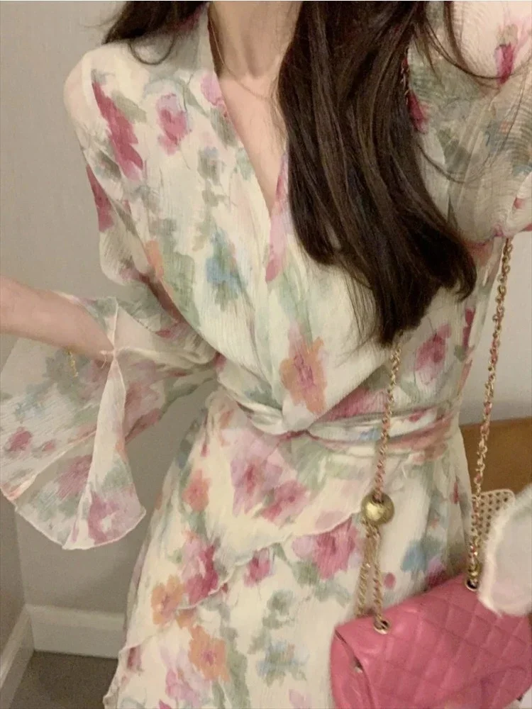 

French Sweet Floral Midi Dress Women 2024 Summer Design Elegant Vintage Dress Office Lady Even Party Chiffon Dress Korea Fashion