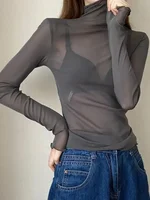 Sexy Women T Shirt See Through Transparent Mesh Tops Long Sleeve Sheer Slim Ladies Solid Turtleneck Silk T-Shirt Lace Crop Top - Image 2