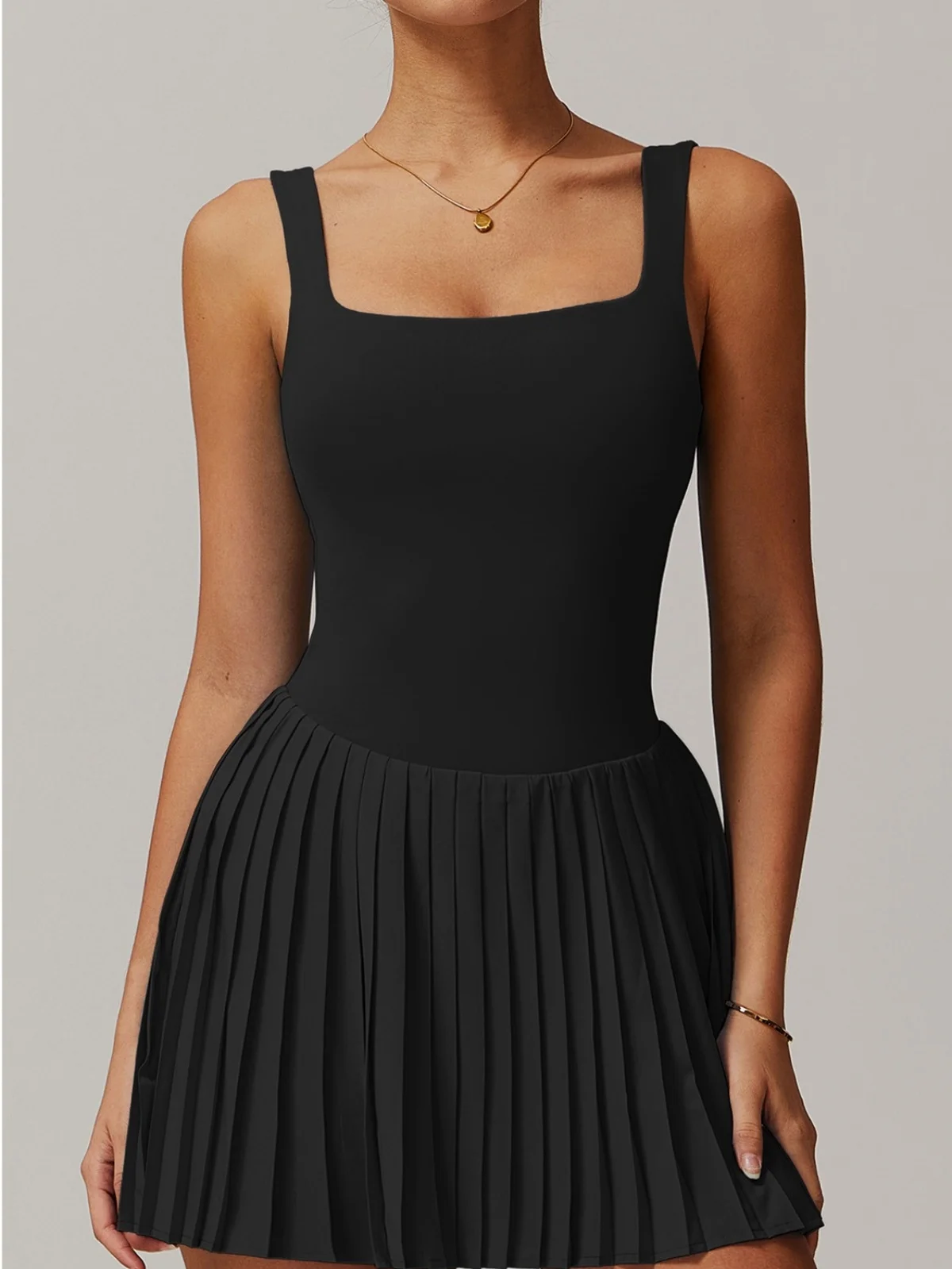 Fake Two Piece Tennis Dresses Women Sleeveless Soft High Stretchy Fitness Pocket Skorts Pleated Yoga Skirt with Chest Pads&Short