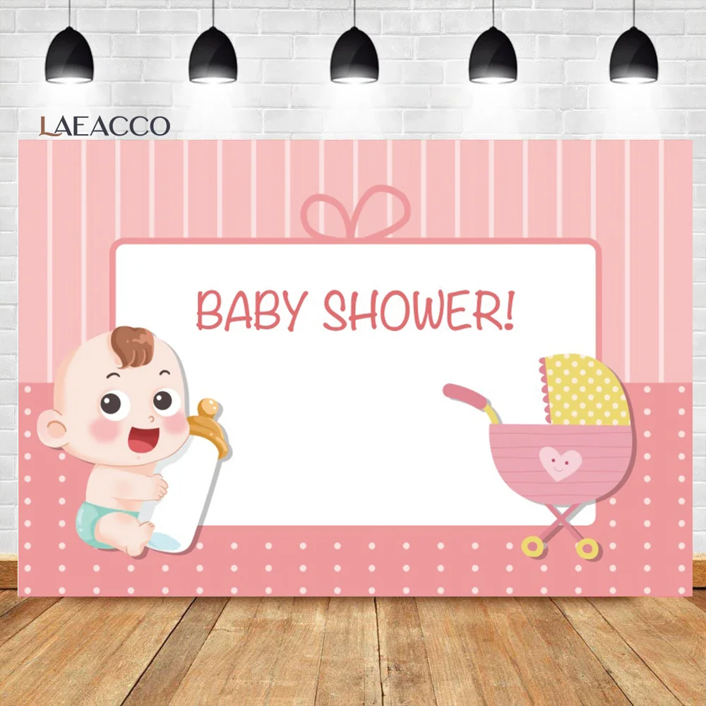 

Laeacco Baby Shower Photo Backdrop Pink Stroller Cartoon Baby Infant Newborn Birthday Portrait Customized Photography Background