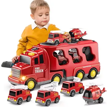 Fire Truck Toy, Friction Power Transport Carrier Vehicle, Inertial Lighting Music, Double-decker Storage, Kids Birthday Gifts 1