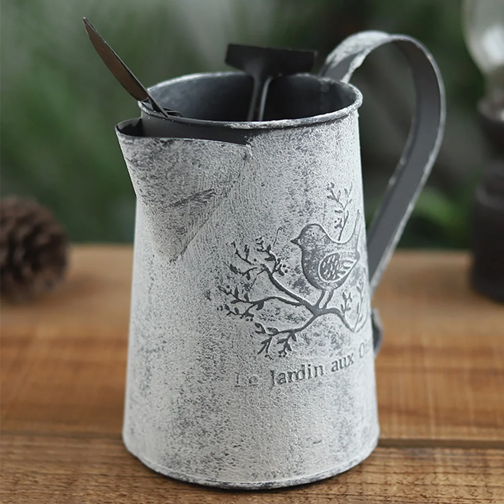Desktop Iron Vase Vintage Old Watering Pot Shape Home Decor Shabby Garden Flower Eco Friendly Galvanised Bird Print Crafts | Дом и сад
