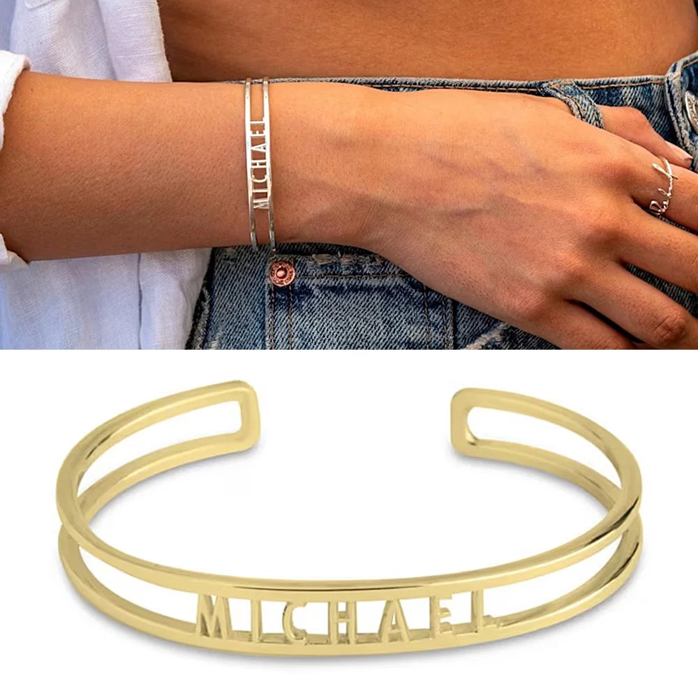 Customized Name Bracelet for Women Stainless Steel Jewelry New Personalized Hollow Open Bangles Christmas Gifts Give Girlfriend