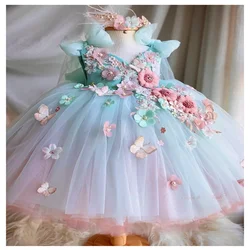 Flower Girl Dresses Cute Light Blue For Wedding Kids Butterfly Bow Party Girls Pageant Dresses Appliqued Birthday Photoshoot