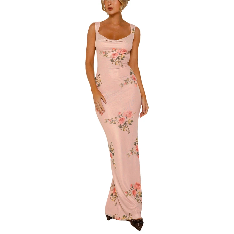 

Floral y2k Dress Summer Women Flower Print Cowl Neck Backless Bodycon Sleeveless Dress Sexy Tank Long Dresses Evening Party Gown