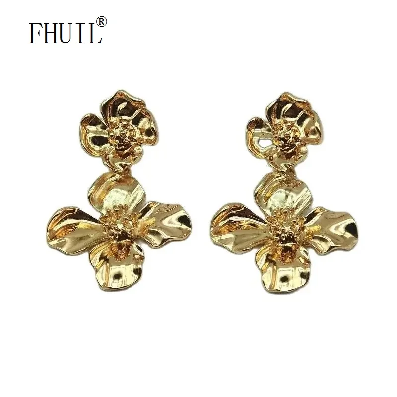 

FHUIL Exaggerate Big Flower Drop Earrings for Women Hanging Dangle Ear Rings Gold Plated Statement Female Jewelry Fashion