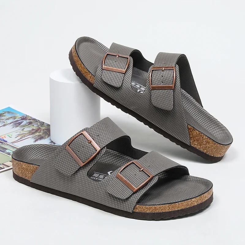 New Summer Cork Sandals Men's Flock Faux Suede Mule Clogs Slippers Brown Classic Buckle Cork Slides Slippers For Men Slippers