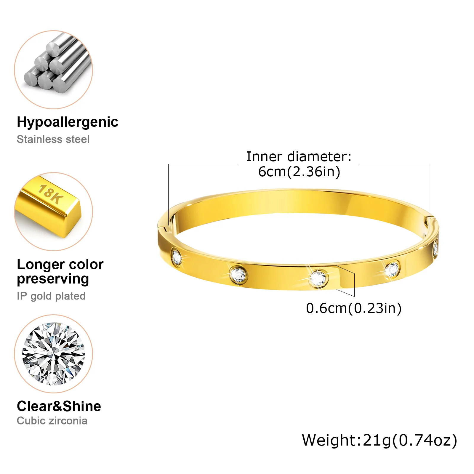Vnox Stainless Steel Women Bangle Bracelet Luxury Solid Gold Plated Love Cuff Bracelets US Europ Fashion Daily Ins Jewelry