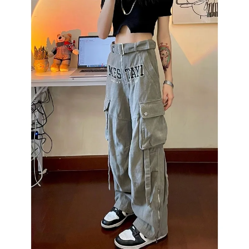 

COZOK/ 2023 New Heavy Industry Multi-Pocket Cargo Pants Women Y2K Vintage Streetwear High-Rise Wide Leg Jeans Y2k