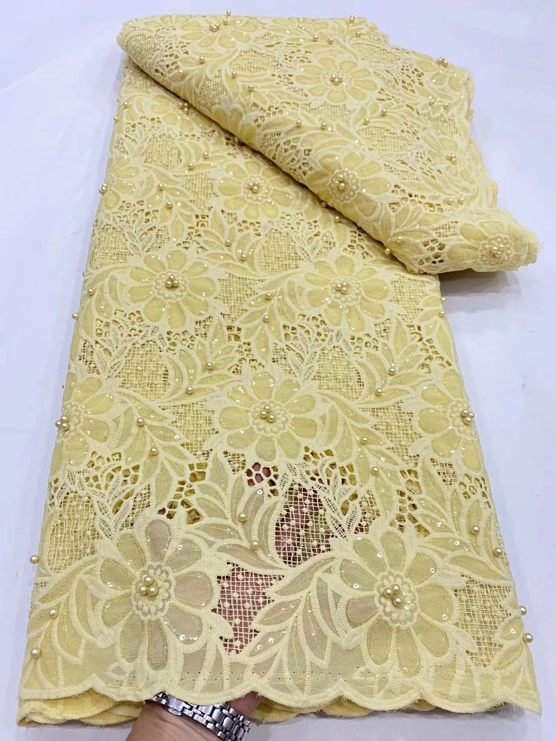 

LDPN288 Yellow color African net lace fabric with sequins&beads,top quality embroidered cord lace fabric for party/wedding dress