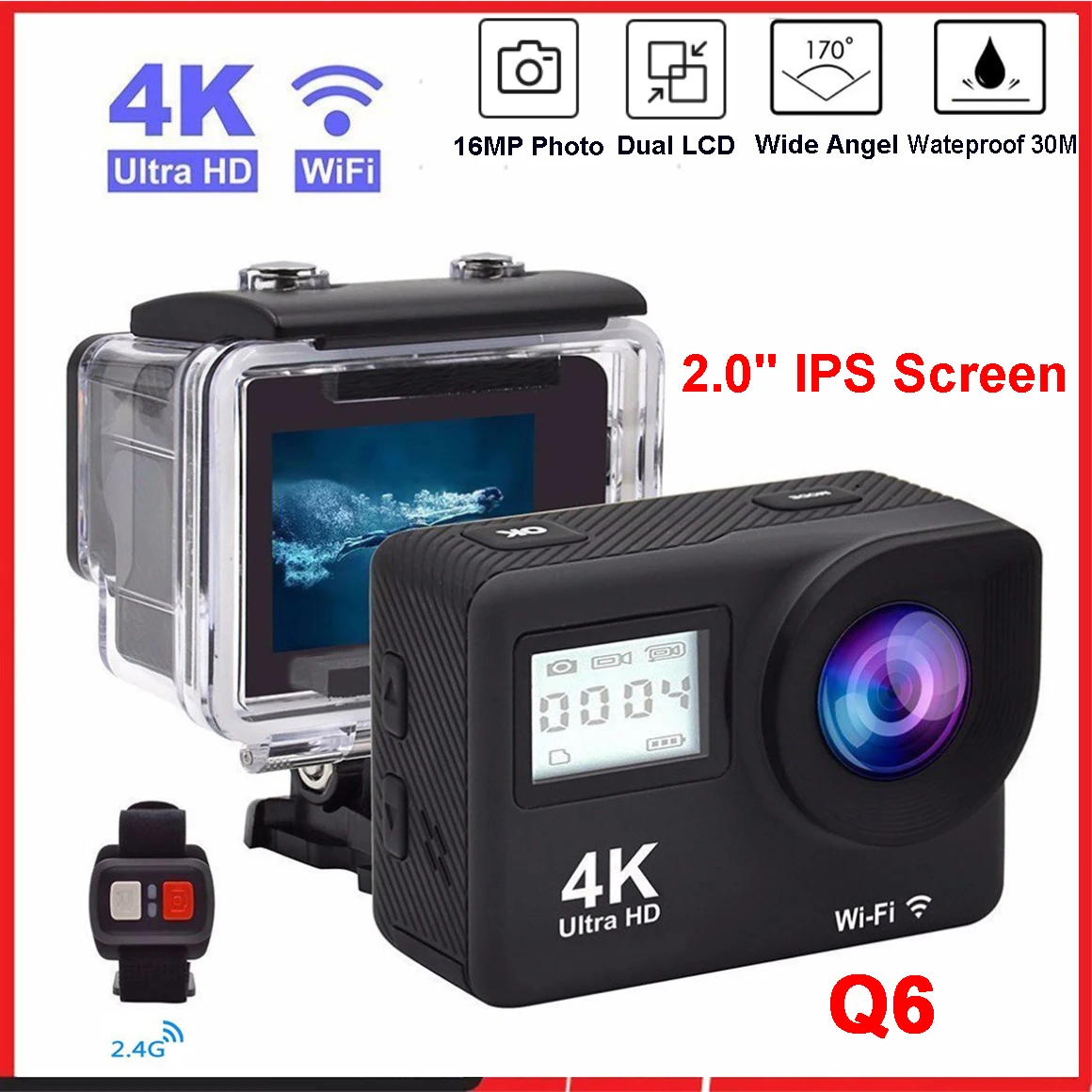Q6S Action Camera Ultra HD 4K/60fps 24MP WiFi 2" IPS Screen170D Underwater 30M Anti-Shake With Sony 386 Lens Helmet Video Camera 2