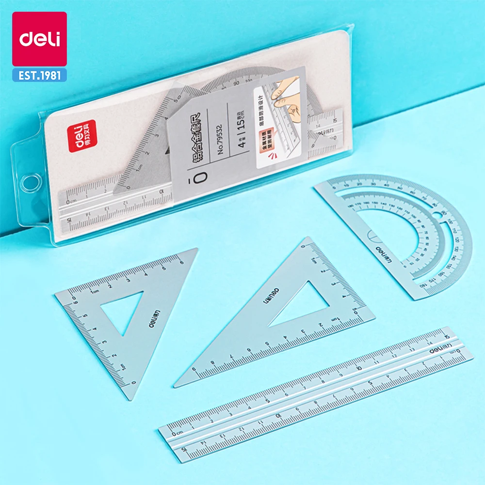 DELI Ruler Set Aluminum Drafting Ruler 4 PCS Set  for School Straight Ruler Triangular Protractor Stationery School Supplies 15 20cm plastic transparent straight rulers grid ruler protractor stationery set for kids students gift office school supplies