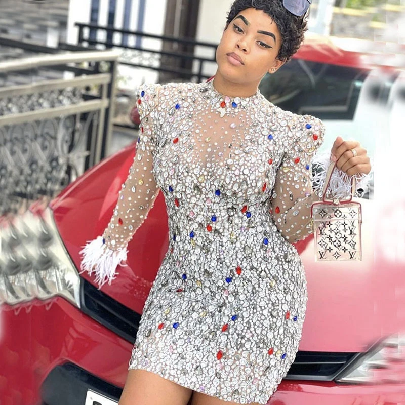 Colorful Crystals Pearls Sexy Mesh Dress Prom Evening Sexy Transparent Multicolor Rhinestones Costume Birthday Feather Sleeves