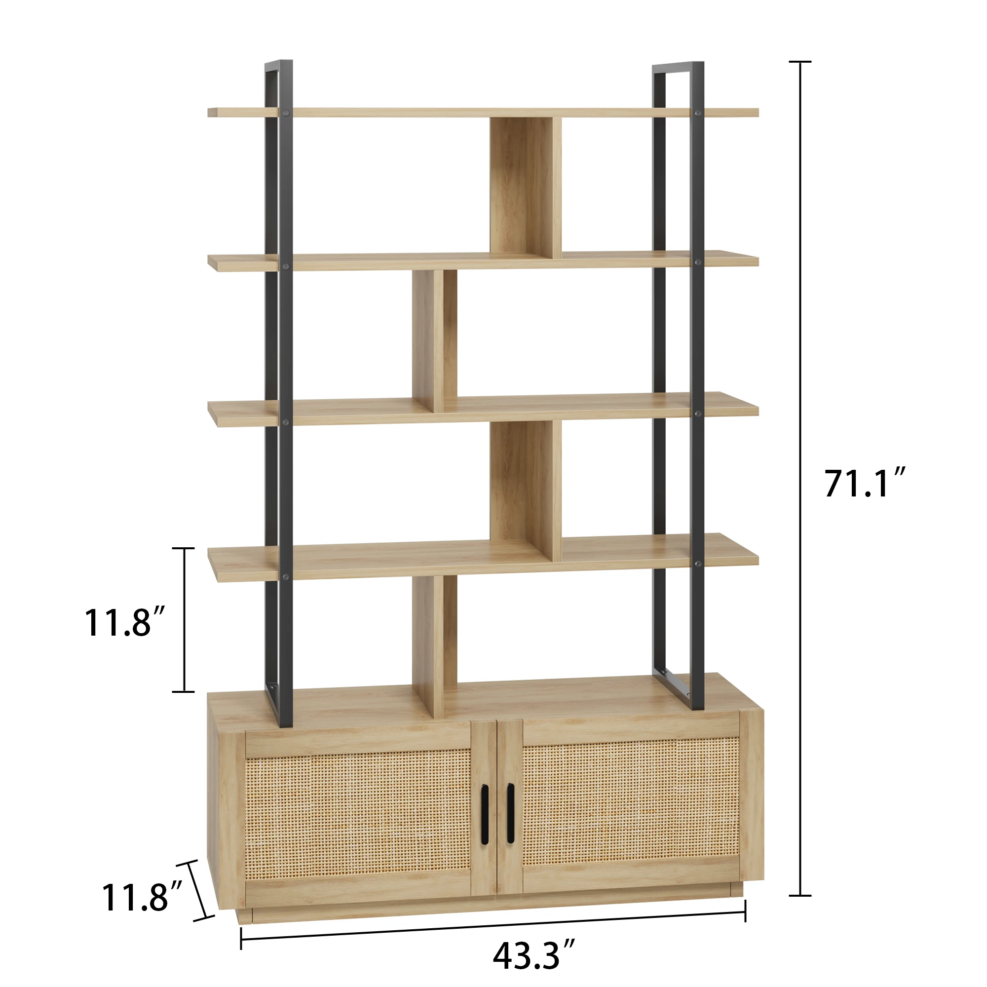 5 Tier Rattan Bookshelf with Storage Cabinet Door 71.1 Inch Tall Industrial Book Shelf with Open Display Shelves for Living Room