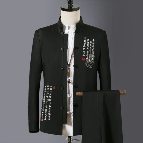 2 Pcs Set Suit Coat Pants / 2022 Fashion Men's Casual Boutique Chinese Style Linen Stand Collar Letter Embroidery Suit Trousers