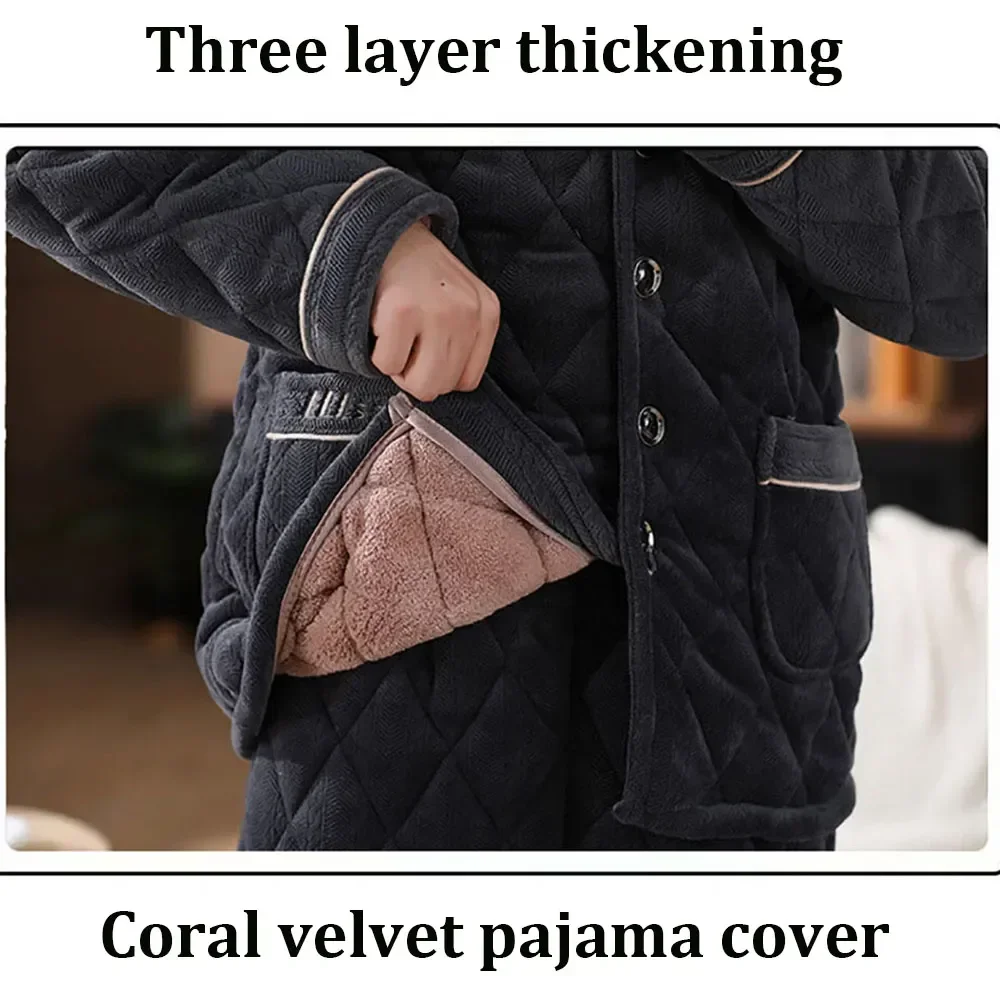 

Plaid Thicken Flannel Hombre Set Quilted Winter Men Sleepwear Warm Pajamas Comfortable Casual Pijama Buttons for 3-layer