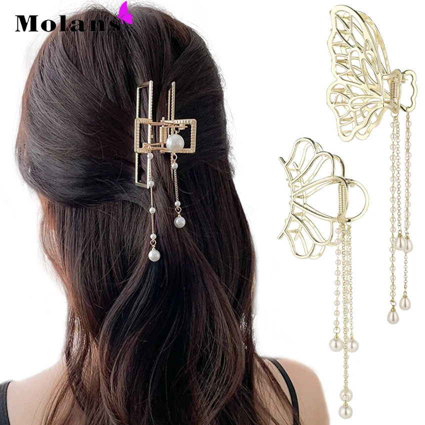 

Molans Women's Geometric Pearl Tassel Hair Claw Decorative Bow Horsetail Shark Clip Sweet Girly Crab Claw Hair Accessories