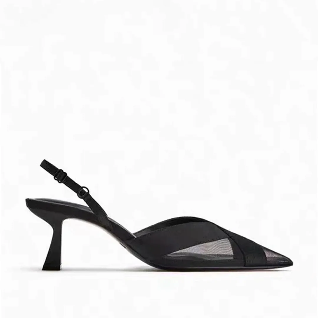 Point Head Kitten Heel Slingbacks Pumps For Women French Style Black Closed Head Mid-Heel Sandals Summer Sexy Cross Satins Shoes 5