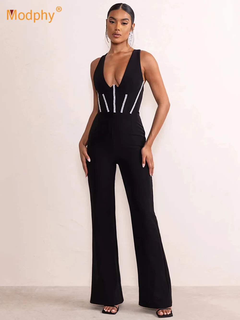 

Modphy High Quality Black Sexy V-Neck Diamond Tight Bandage Jumpsuits Women Sleeveless Fashion Party Celebrity Evening Bodysuit