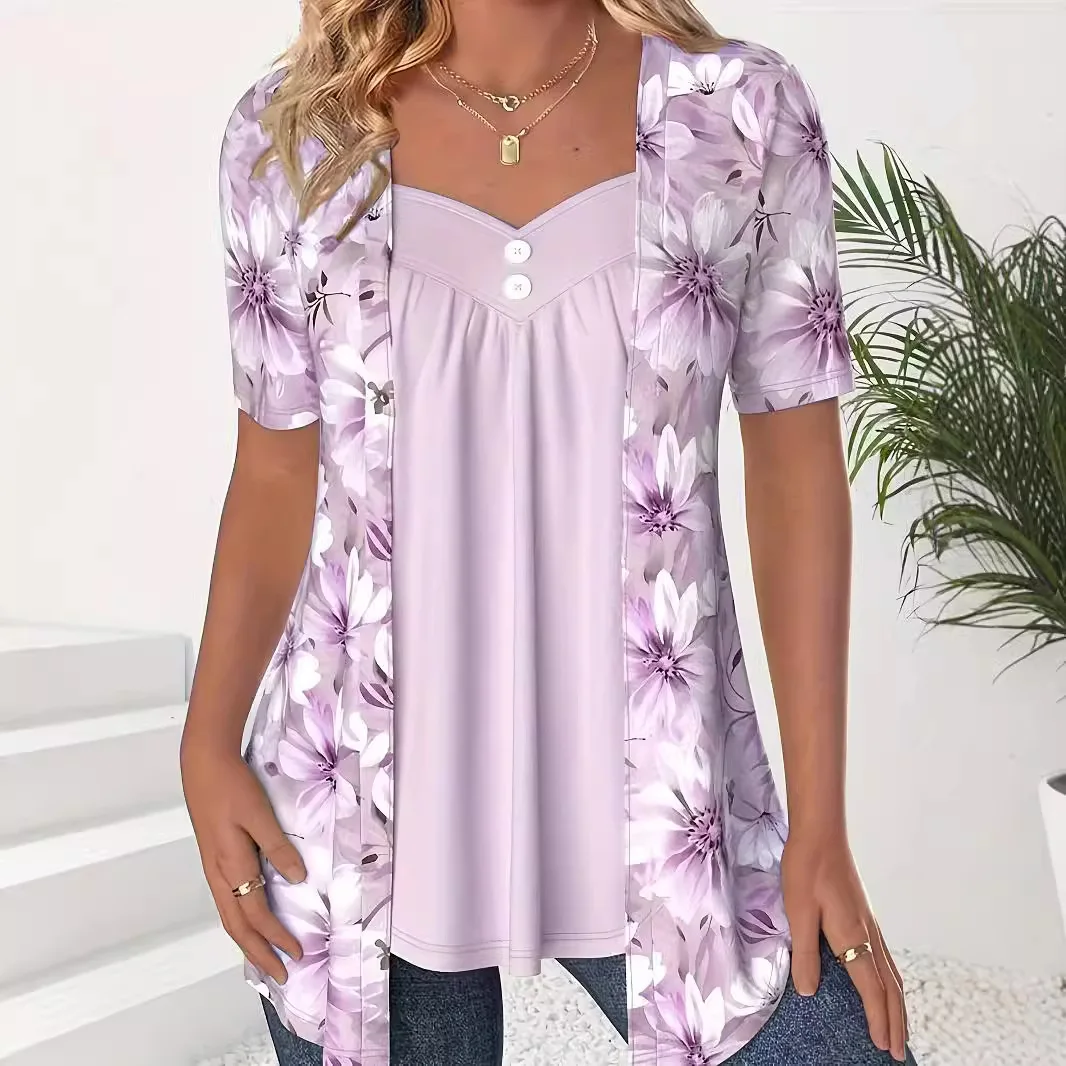 Large Sizes Women T Shirts Summer Fashion Casual Fake Two Piece Short Sleeve Loose Flower Print Patchwork Shirts Plus Size Tops 3
