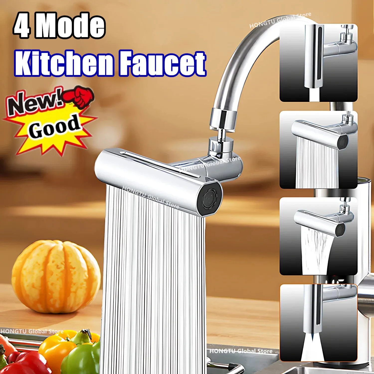 Pressurized Kitchen Sink Waterfall Faucet Bubbler Splash-proof 4 Modes Spout Bathroom Basin Tap Extender Water Saving Adapter