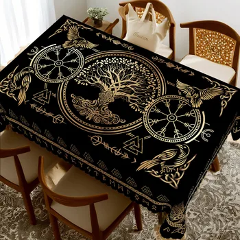 Tovaglia rettangolare con corvo vichingo dorato Decorazioni per feste natalizie Albero della vita Simboli runi norvegesi Tovaglie per decorazioni per la tavola da cucina 1