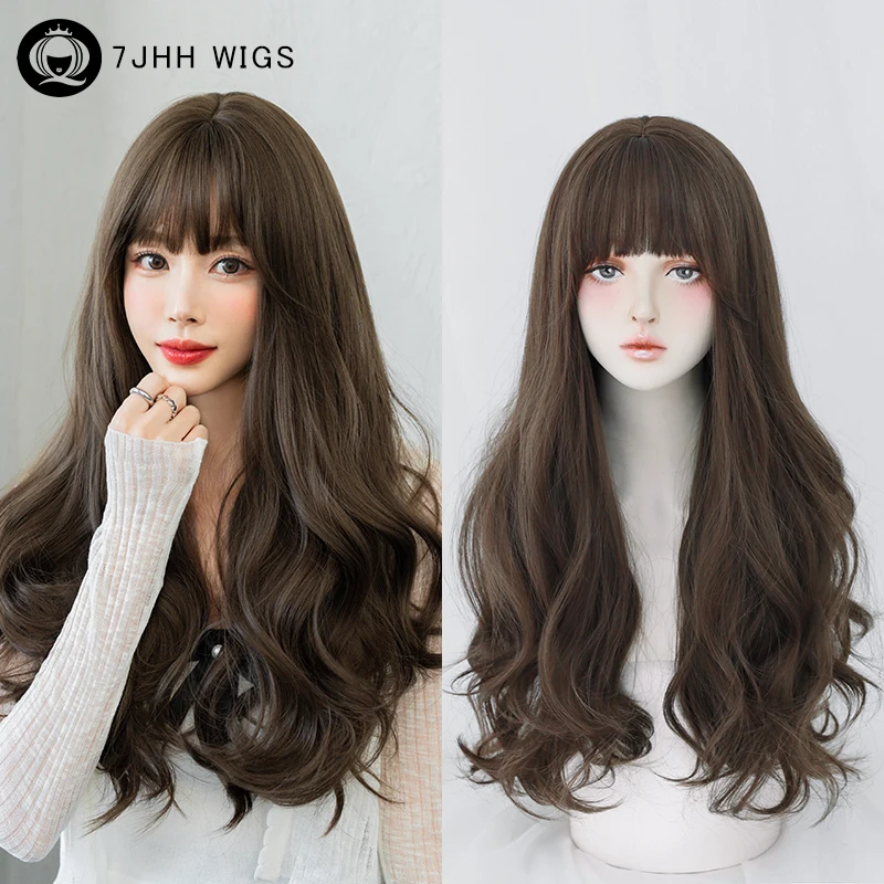 

7JHH WIGS Synthetic Loose Body Wavy Cool Brown Wig for Women Daily Use High Density Long Wave Brown Hair Wigs with Neat Bangs