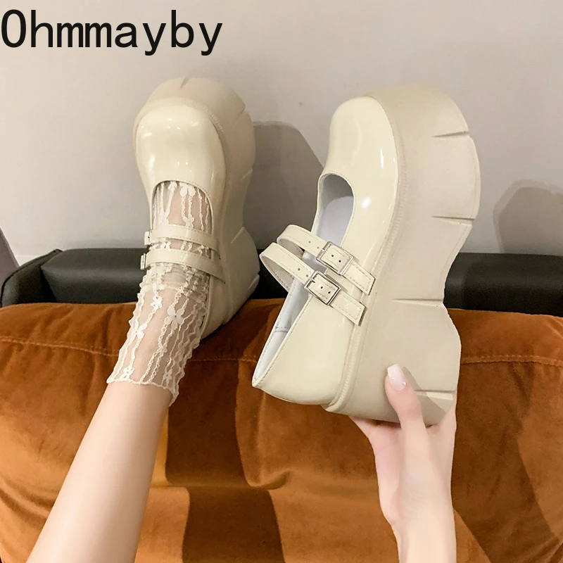 

2024 Spring Women Platform Pumps Shoes Fashion Shallow Buckle Ladies Leather Shoes Increase 8cm Women's Mary Jane Shoes