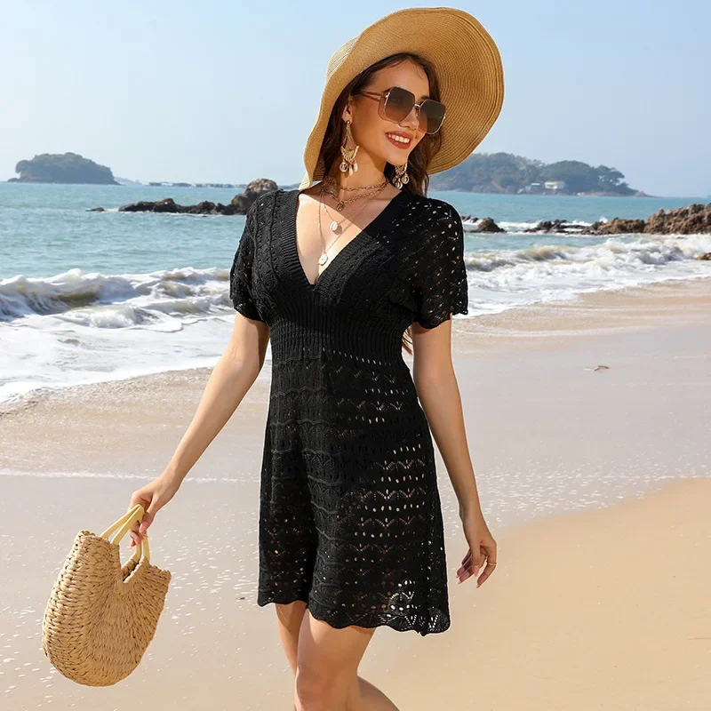 Womens Boho Summer Dresses Deep V Neck Short Sleeve Beach Hollow Knitting Sundress Swimsuit Cover Up платье женское 2
