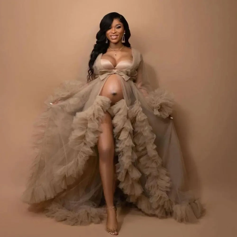 

Luxury Khaki Maternity Dress Robes African Women Photo Shoot Baby Shower Party Gowns Ruffled Tulle Photography Robe Custom Made