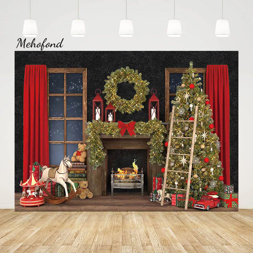 

Mehofond Photography Backdrop Christmas Wreath Fireplace Kids Birthday Portrait Window Xmas Tree Truck Background Photo Studio