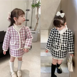 Baby Girls Clothing Sets 2Pcs Elegant Tweed Suits Autumn Winter Preppy Sweater Skirt Boutique Outfits for Kids 1-7T Party