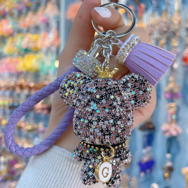 Rhinestone Cute Bear Key Chain Tassels Keychain with number