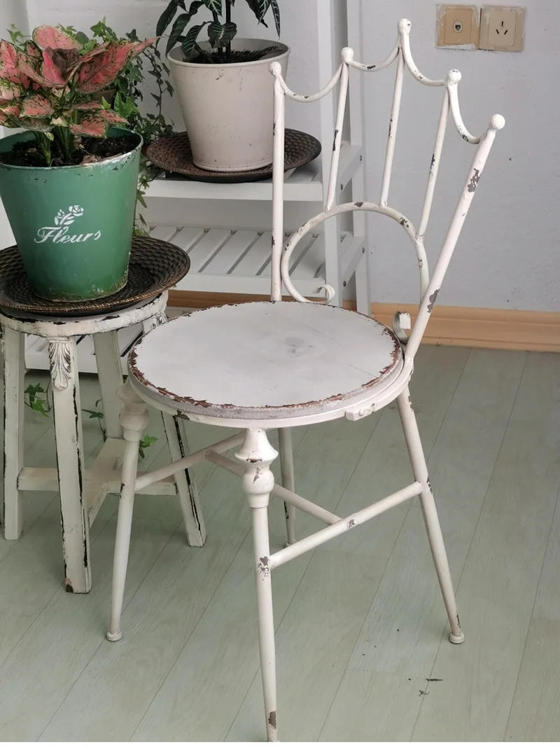 Vintage Crown Back Metal Chair, French Country Style, Distressed White, 18.7 inch Height