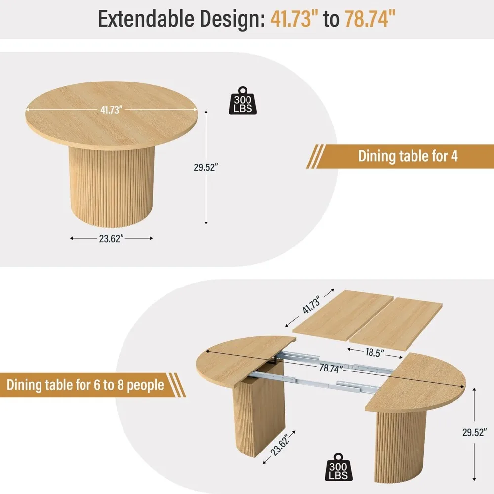 Extendable Round Oval Dining Table for 4-8, Modern Farmhouse Design with Fluted Base, Water-Resistant Surface