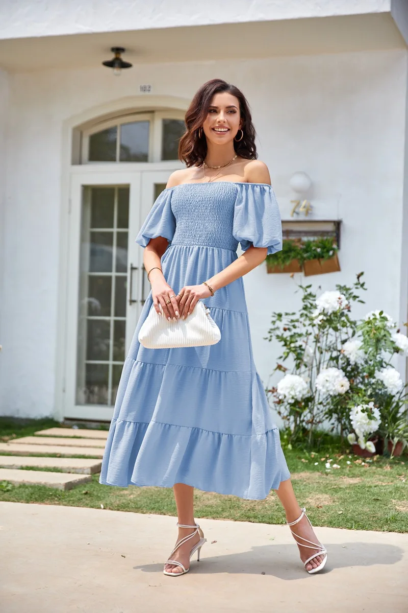 

2023 Bule Women Summer Pleated Long Dress Sexy Off-Shoulder Lantern Sleeve Casual A Line Dress Elegant Female Party Dress