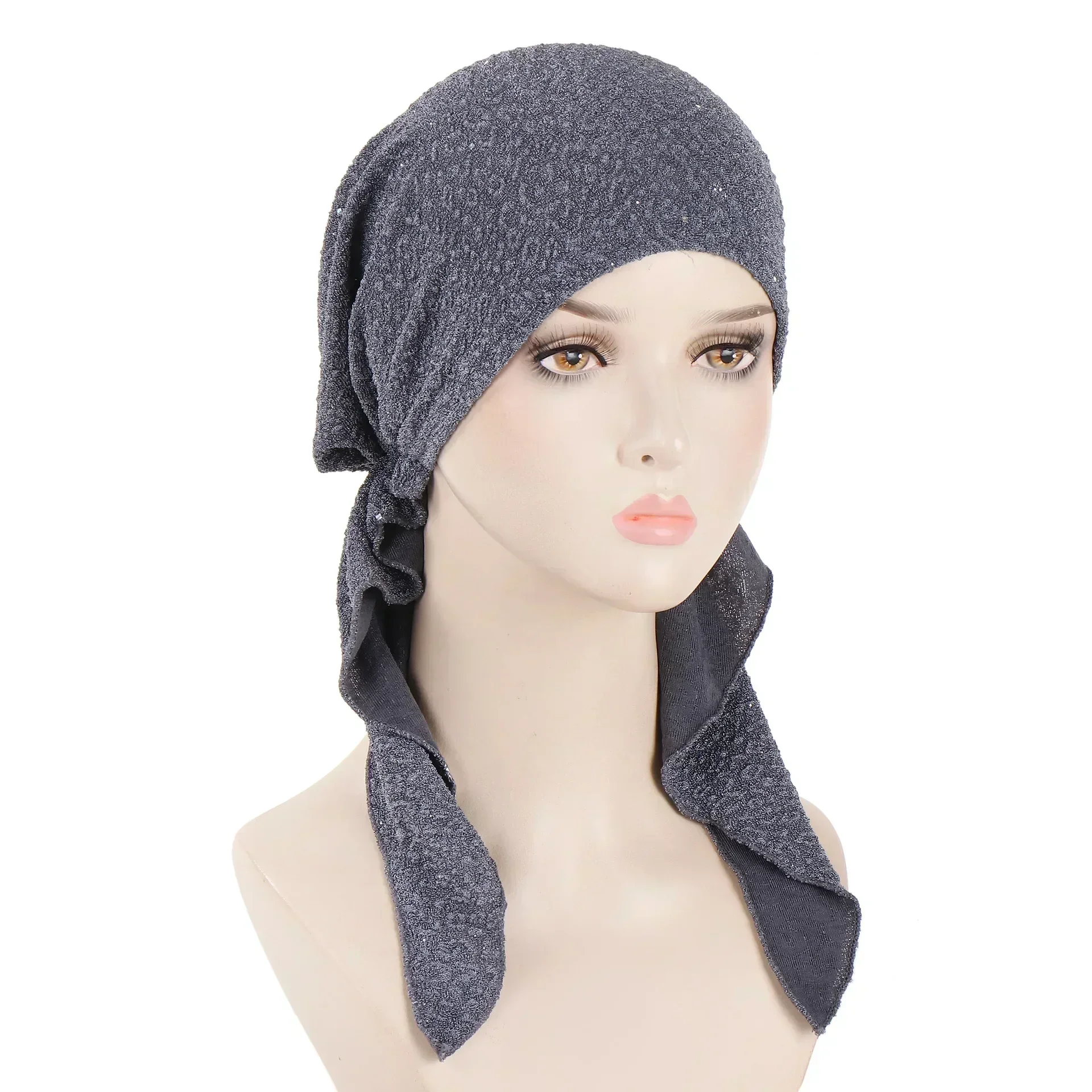 Shimmer Pre-Tied Hat Women Muslim Hijab Turban Long Tail Headscarf Beanies Bonnet Hair Loss Chemo Cap Head Wrap Bandanas muslim headwear head scarf hijab headscarf hijab hats female head wraps