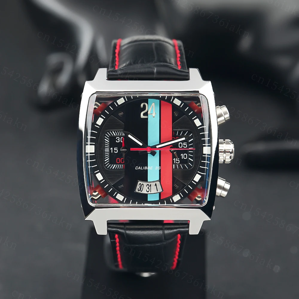 2022Fashion New Men's Color Bar Square Dial Sapphire Mirror Stainless Steel Leather Strap Sports Leisure Waterproof Quartz Watch