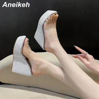 Aneikeh Summer 2026 New Fashion Sequins Transparent Rubber Wedge Heel Thick Sole Sandals for Women 10CM Open Toe Ladies Shoes - Image 2