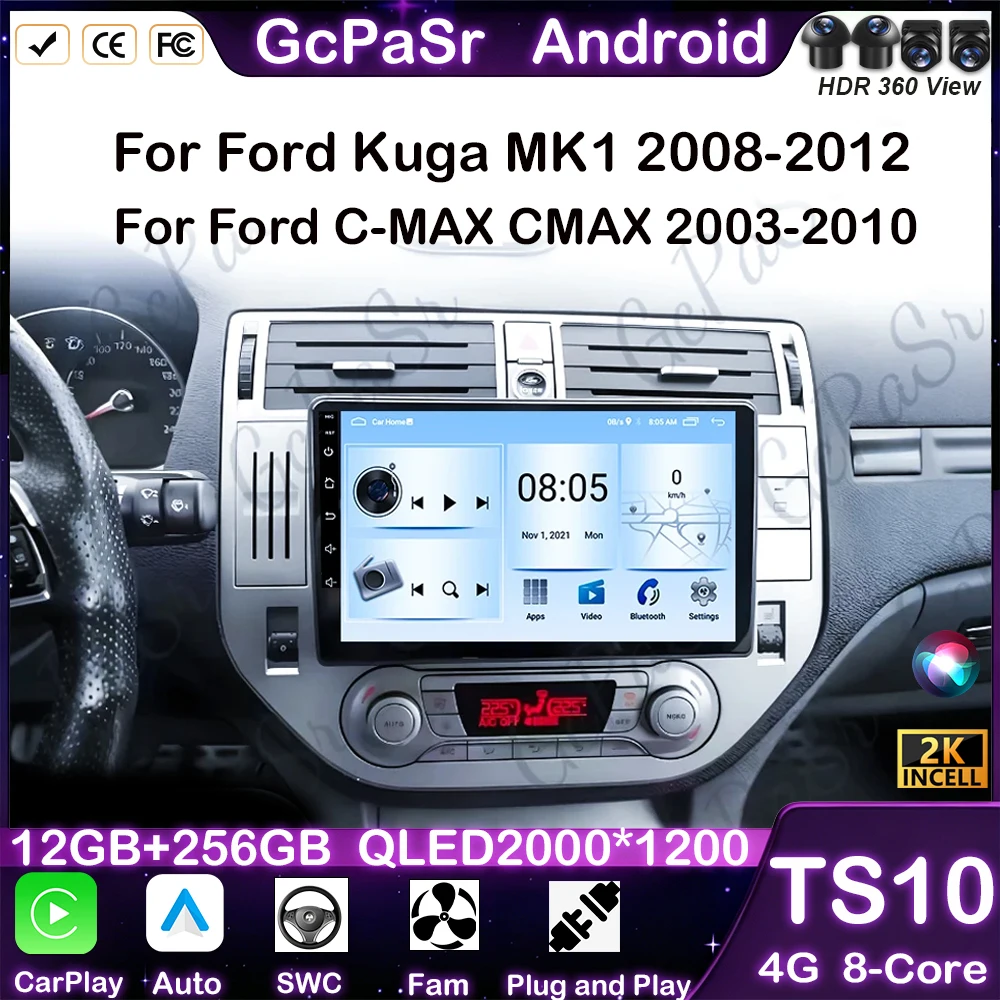 Android 16 para Ford Kuga MK1 2008-2012 para Ford C-MAX CMAX 2003-2010 Radio de coche GPS 2k pantalla Carplay 4G Wifi vídeo estéreo DSP BT 1