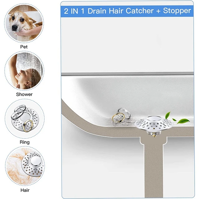 Bathtub Stopper, Bath Tub Drain Plug, Pop Up Drain Hair Catcher, 2 in 1  Bathroom Shower Drain Stopper, Bathtub Hair Catcher for Drain Size 1.6 to  2.0