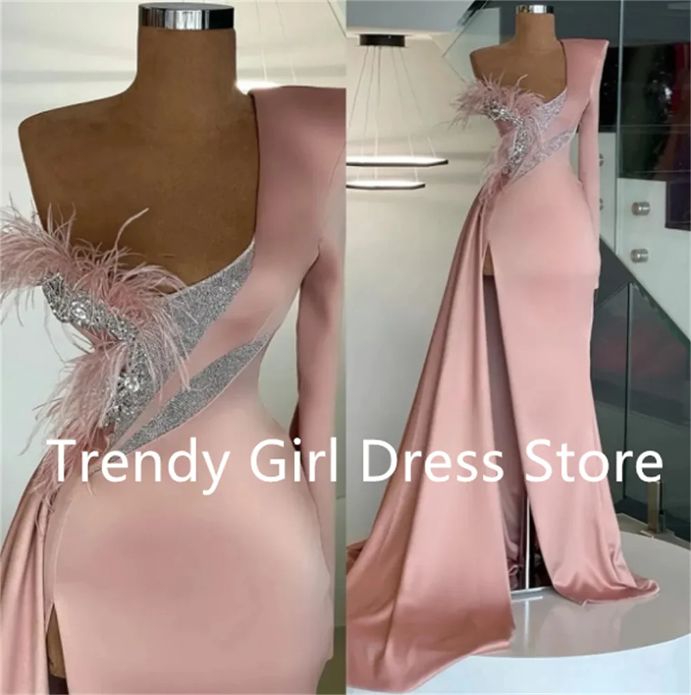 

Luxury Long Sleeve Mermaid Evening Dresses 2024 Elegant Pink Satin One Shoulder Front Split Dubai Women Gownsفستان حفلات الزفاف