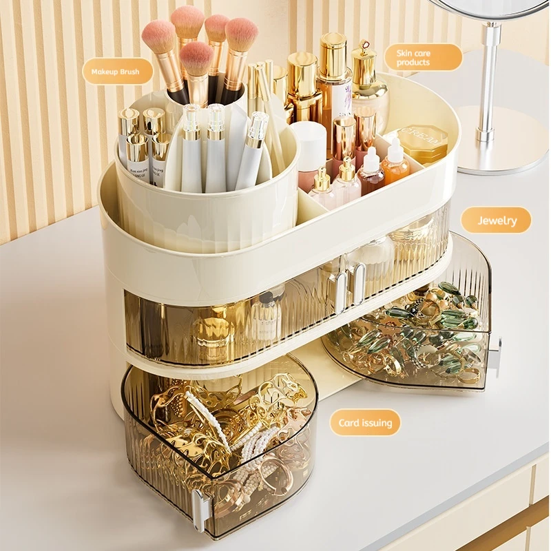 Cream Style Cosmetics Storage Box Skincare Products Desktop Dustproof Dressing Table with Rotating Box Optional Layers