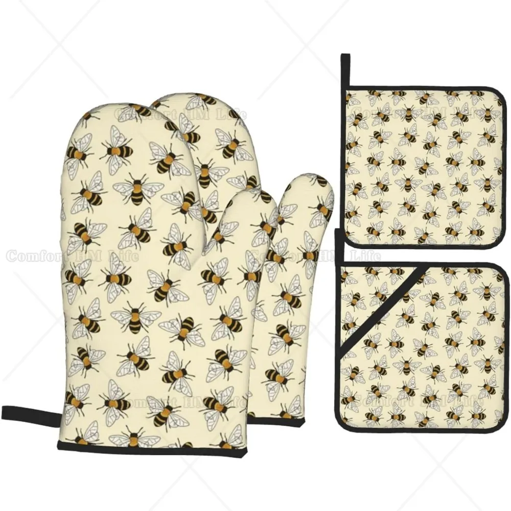Happy Busy Bees Oven Mitts and Pot Holders Sets of 4 High Heat Resistant Non-Slip Bees Oven Gloves for Kitchen Cooking Grilling