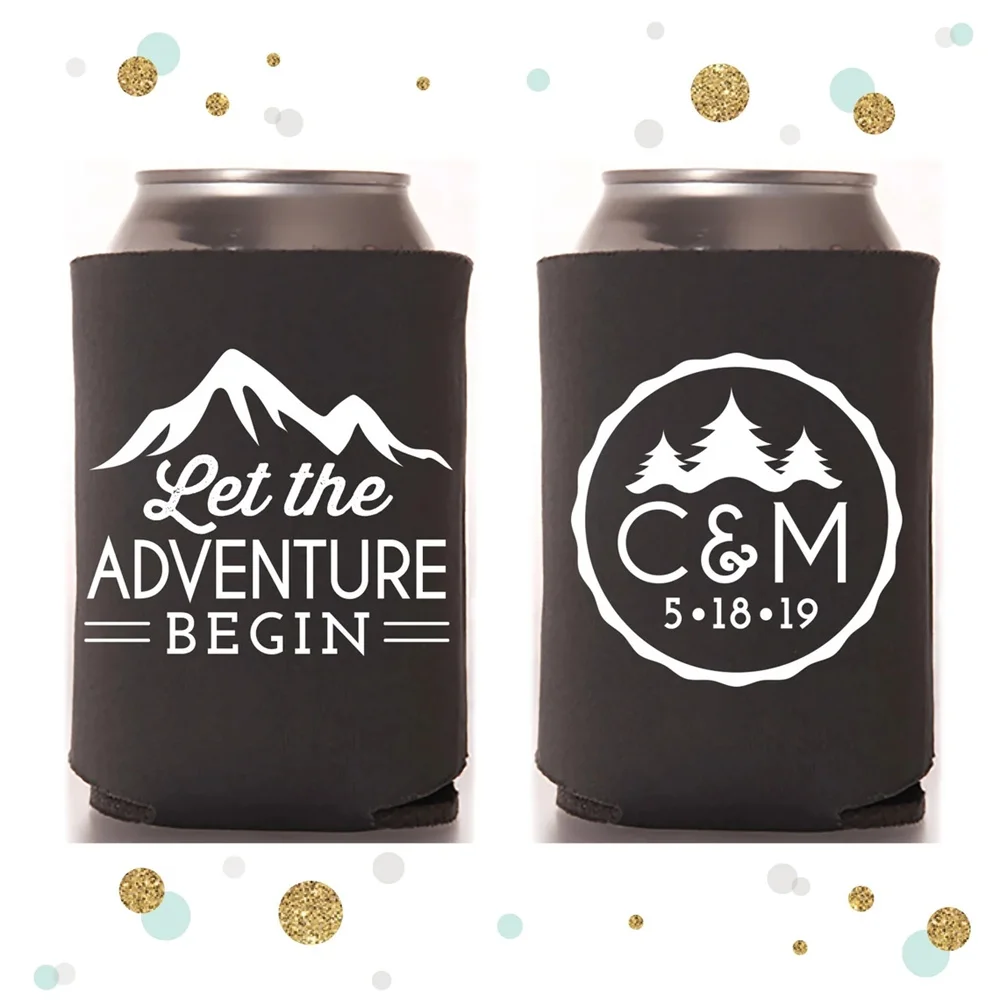 

Let The Adventure Begin - Wedding Can Cooler #119R- Custom - Wedding Favors, Beverage Insulators, Beer Huggers