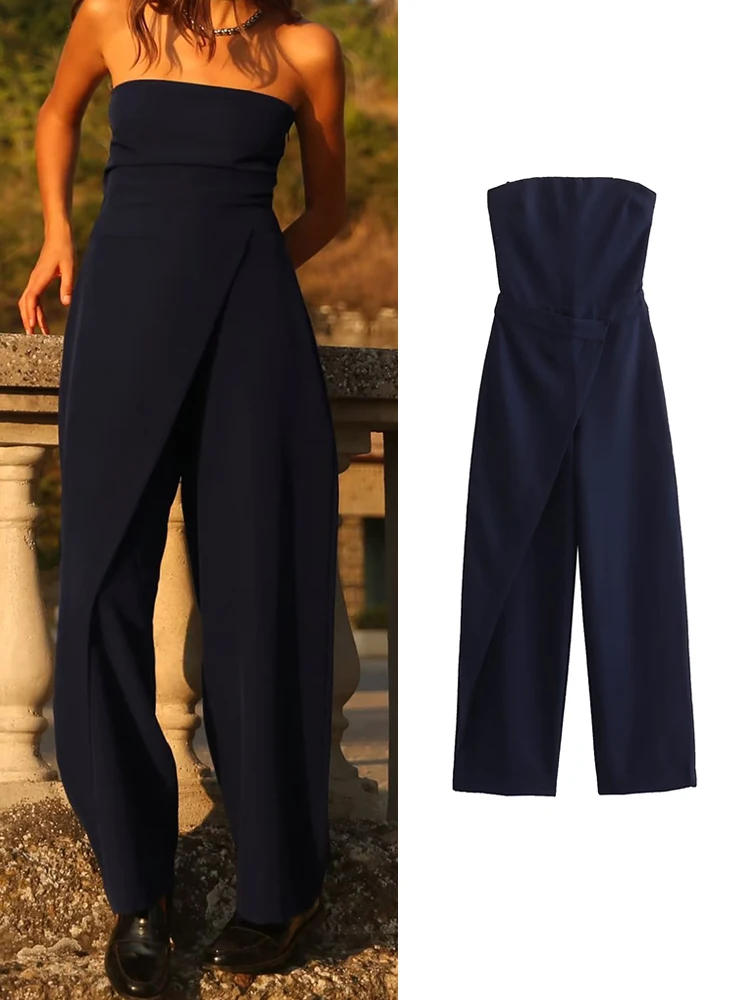 

TRAF 2023 New Autumn Women Solid Strapless Jumpsuit Female Fashion Side Zipper Asymmetrical Wide Leg Long Pant Jumpsuit