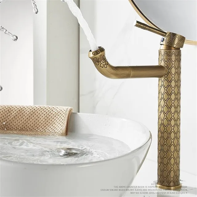 โบราณแกะสลักห้องน้ําก๊อกน้ําทองเหลืองอ่างล้างหน้าก๊อกน้ําร้อนและเย็นห้องน้ําอ่างล้างจานก๊อกน้ําดาดฟ้าติดตั้ง Lavotory ก๊อกน้ําก๊อกน้ํา 6