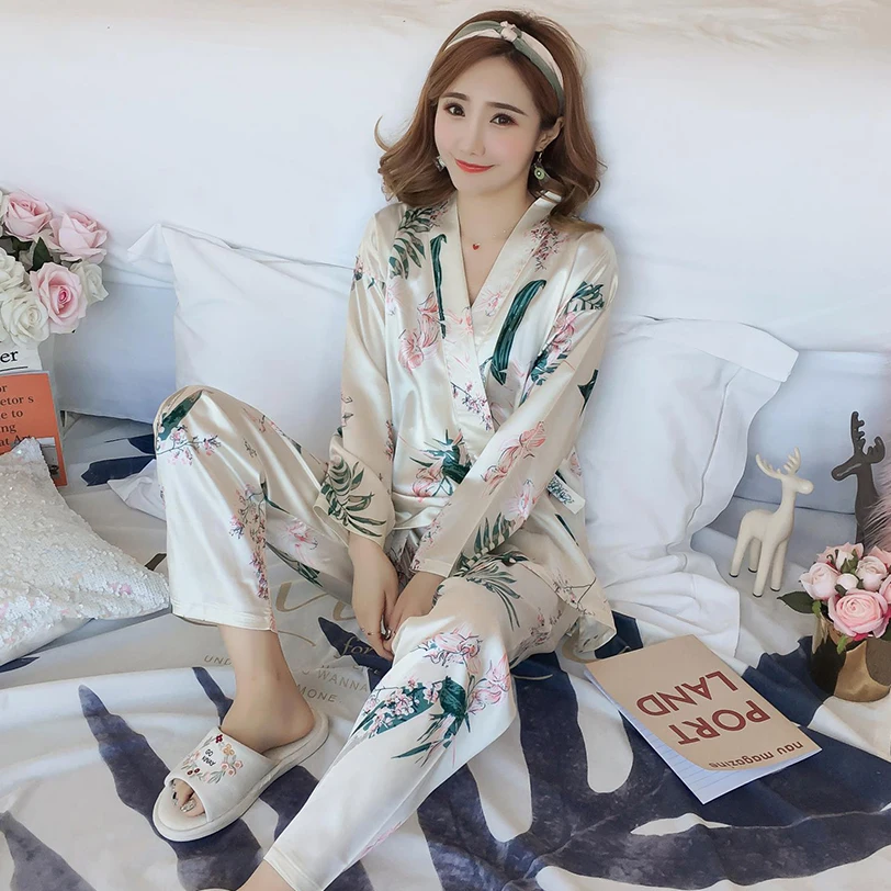 Ice silk pajamas women's spring and autumn new long-sleeved Japanese kimono Korean version casual home clothes 2-piece set